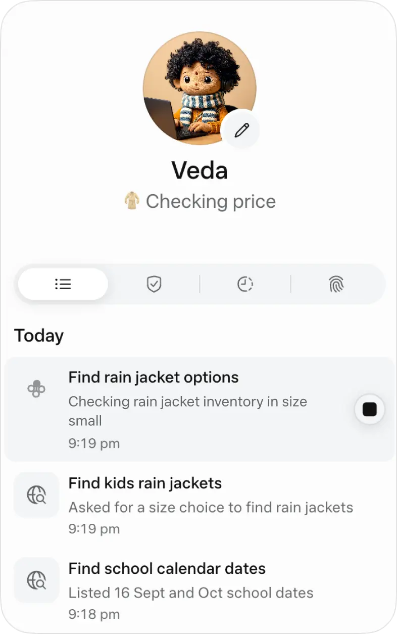 Muse assistant Veda activity view listing rain-jacket research and school-calendar tasks