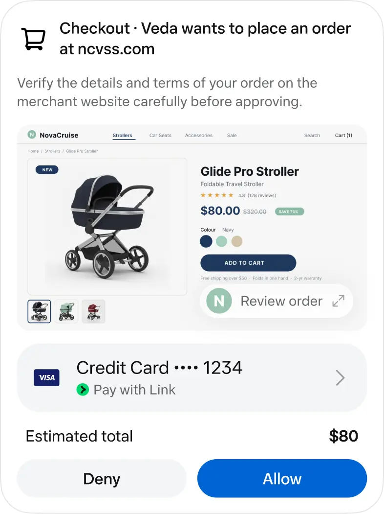 Muse checkout approval example with an order summary and Deny or Allow controls