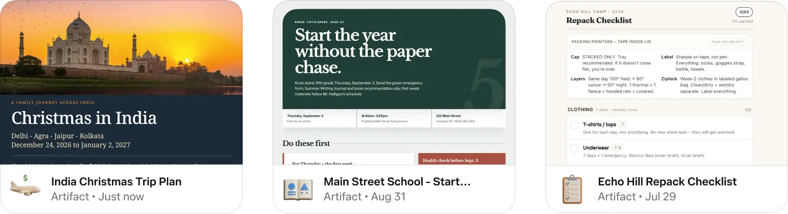 Three Muse artifact examples: an India trip plan, school information sheet and camp packing checklist