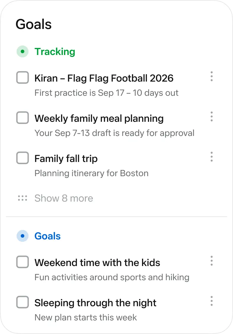 Muse Goals screen showing tracked family meal planning, football and trip goals