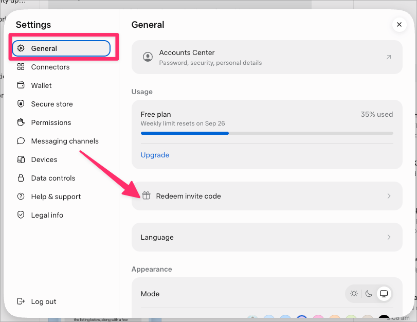 Muse Settings General panel showing the Redeem invite code option below Usage